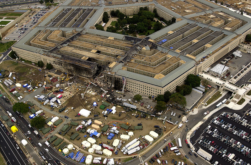 Aerial view of the Pentagon damage after the 9/11 attack.