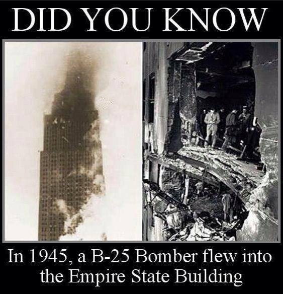 The damage caused by a B-25 bomber that flew into the Empire State Building in 1945.