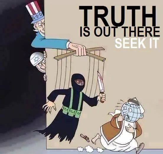 Cartoon of Uncle Sam and an Israeli soldier using a terrorist puppet to scare the world.